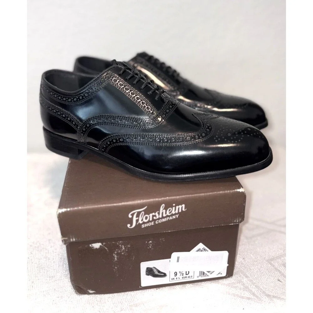 Florsheim Lexington Men's Black Wing-Tip Leather Oxford Shoes Size 9.5D